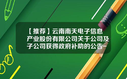 【推荐】云南南天电子信息产业股份有限公司关于公司及子公司获得政府补助的公告-云南南天电子信息产业股份公司