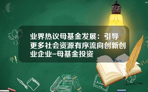 业界热议母基金发展：引导更多社会资源有序流向创新创业企业-母基金投资